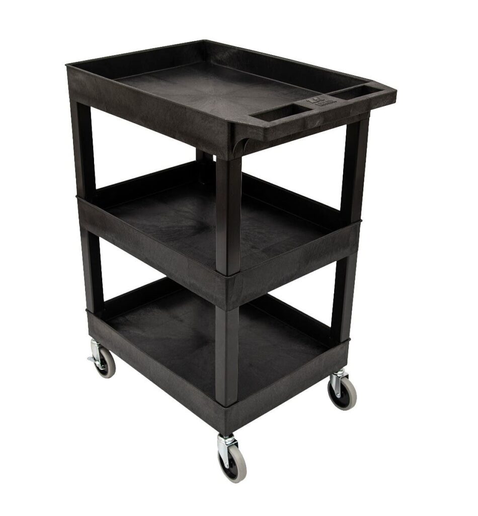 Luxor 24×18″ Black Plastic Cart, Three Shelf